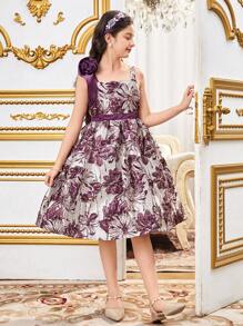 SHEIN Tween Girl Elegant One-Shoulder 3D Flower Contrast Waist Sleeveless Dress - Purple - View 5