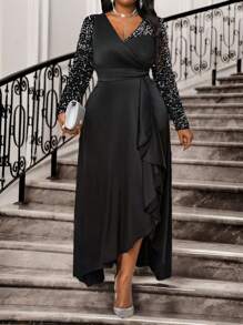 SHEIN Lady Spring And Summer Valentine's Day Formal Dresses For Women Prom Dress Business Casual Woman Wedding Guest Dress Women Black Sequin Patchwork Women Long Black Dresses