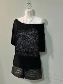 SHEIN EZwear 休闲宽松落肩女式 T 恤，适合夏季 - 黑色 - 查看 3