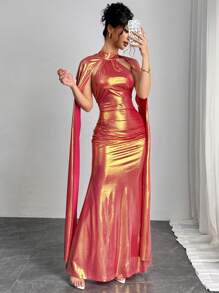 Chiquease 女士新款情人节晚礼服派对性感收腰修身露背百褶无袖交叉挂脖蝴蝶结优雅连衣裙 - 粉色 - 查看 6