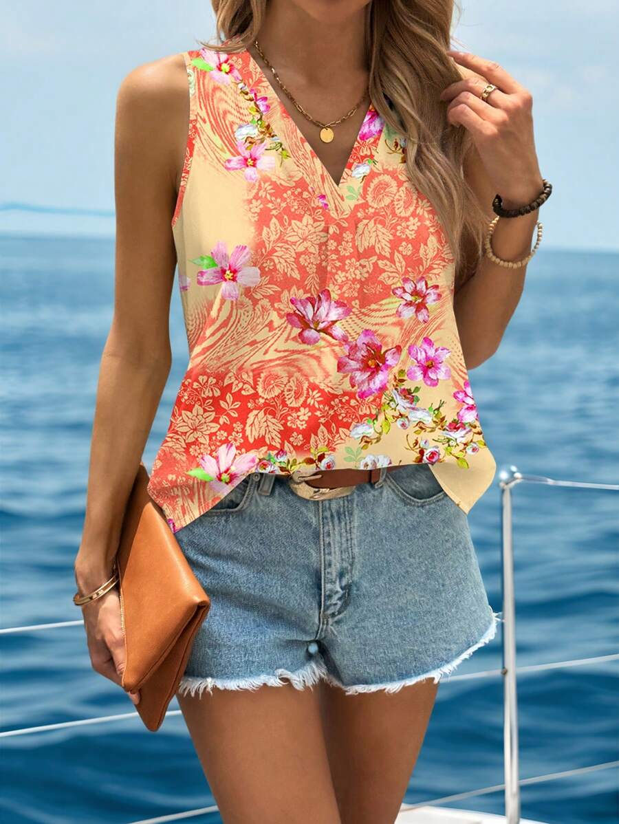 SHEIN LUNE Top tipo tank con estampado floral para vacaciones en la playa, adecuada para el verano