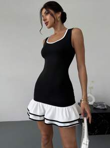 Firerie Women's Elegant Black & White Color Block Ruffle Hem Sleeveless Mini Dress - Black and White - View 3
