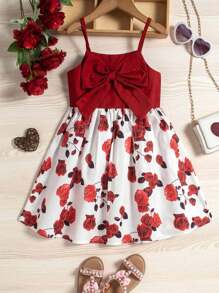 女童花卉印花无袖吊带连衣裙，夏季 - 紅色 - 查看 7
