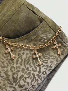 ROMWE J-Fashion Y2K涩谷辣妹千禧豹纹烫金超低腰交叉复古紧身牛仔短裤（女款） - 灰色 - 查看 3