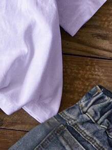 SHEIN Leap Crew Tween Girl Short Sleeve Crew Neck T-Shirt, Casual Minimalist Design, Suitable For Spring & Summer - Purple - View 3