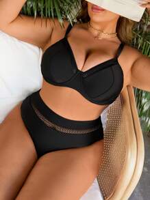 Swim Lushoire 大码女式两件套泳衣比基尼套装，带钢圈支撑，性感镂空肩带设计，成熟纯色简约风格度假，夏日海滩 - 黑色 - 查看 1