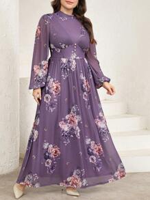 Veilorie Plus Size Women's Elegant Floral Print Long Arabian Style Dress - Dusty Purple - View 6