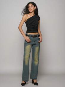 Easelle Women's Black Knit Ruched Slim One-Shoulder T-Shirt - Multicolor - View 2