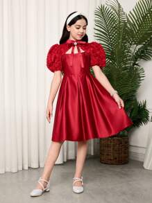 SHEIN 青少年女孩合身优雅镂空腰部喇叭形 A 字形连衣裙 - 紅色 - 查看 8