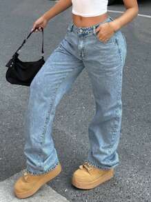 女士休闲水洗阔腿牛仔裤，适合日常穿着 - 中等水洗藍 - 查看 7