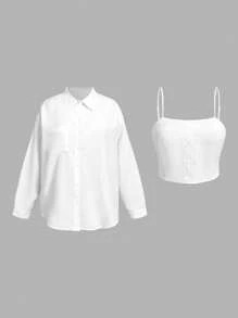 SHEIN EZwear 大码纯色细肩带吊带背心和夹克两件套，休闲 - 白色 - 查看 5