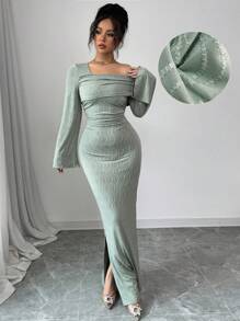 Modelyn Robe à manches longues en jacquard plissé à épaules obliques pour femmes - Vert - Voir 1