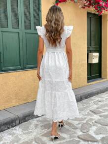 Breezaya Long V-Neck Lace-Up Waist Cut-Out Ruffle Hem Hollow Dress - White - View 2