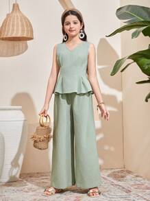 SHEIN 2 件 Tween 女童休闲纯色无袖衬衫和阔腿裤套装 - 綠色 - 查看 3