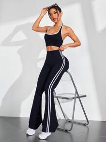 Easithlete 无缝高弹力瑜伽背心和阔腿裤健身套装女士健身套装 - 黑色 - 查看 6