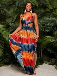 SHEIN SXY Plus Size Women's Spring & Summer Tie-Dye Ruched Backless High Slit Dress,Navy Blue,Summer,Boho,Bridesmaids,Vacation,Holiday, Beach Party Outfit - Multicolor - View 3