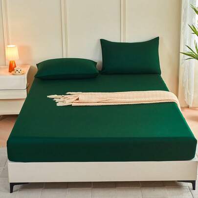 1件纯色深绿色床笠，床垫保护套，床笠，柔软透气，适用于单人床、双人床、大号床、特大号床，深口袋设计，最大可达11.8英寸，家用纺织品