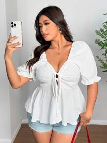 SHEIN Clasi Plus Size Women's Front Tie V-Neck Ruffle Hem Short Sleeve Blouse - White - View 5
