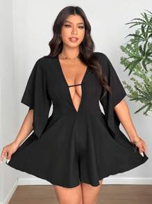 SHEIN Clasi Plus Size Solid Color Short Sleeve Wide Strap Casual Loose Jumpsuit - Black - View 5