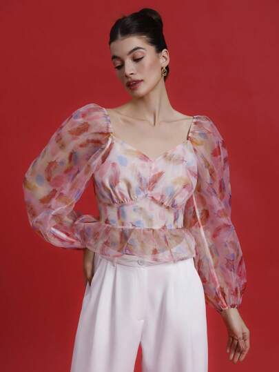 Chiquease Blusa de manga larga con diseño de copa dividida y manga farol de estilo elegante y romántico con flores de organza, estilo bohemio y de vacaciones, ideal para primavera y otoño