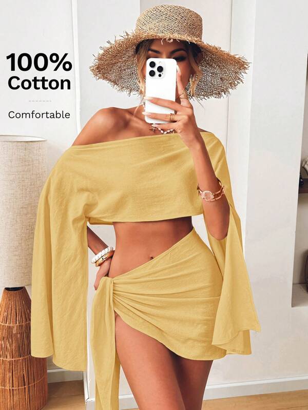 SHEIN VCAY 2pcs Women Casual Solid Color Woven Off Shoulder Crop Top & A-Line Mini Skirt Set