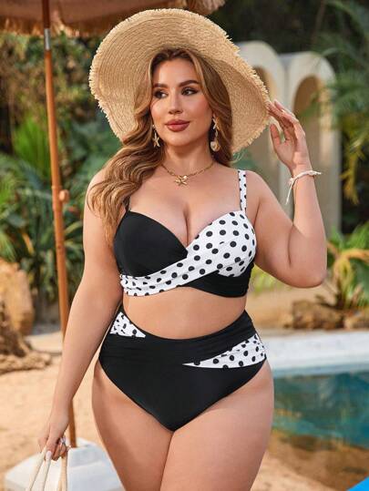 Swim Lushoire 2pcs Plus Size Women Polka Dot Print Underwire Push Up Bikini Swimwear Set Swimsuits And Swimming Trunks, Summer Beach Vacation
