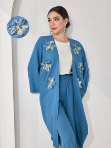 Veilorie 2pcs Women Set: Floral Decor Long Sleeve Jacket And Pants
