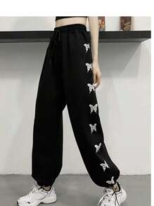 DAZY Butterfly Print Drawstring Joggers - Black - View 5