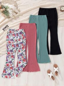 SHEIN Tween Girls Casual Ditsy Floral Digital Print & Solid Ribbed Wide Leg Pants, Multi-Pack - Multicolor - View 1