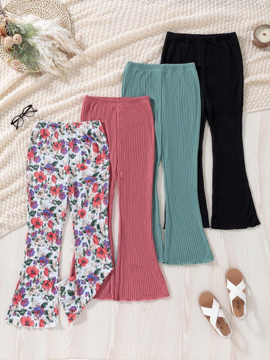 SHEIN Tween Girls Casual Ditsy Floral Digital Print & Solid Ribbed Wide Leg Pants, Multi-Pack - Multicolor - View 1