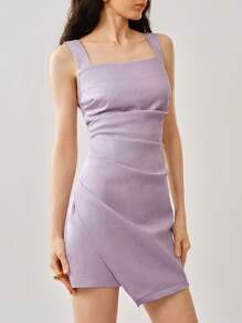 Uhlyne Vestido elegante de mujer con chaleco de lino tejido con volantes y cierre asimétrico - Púrpura polvoriento - Ver 4