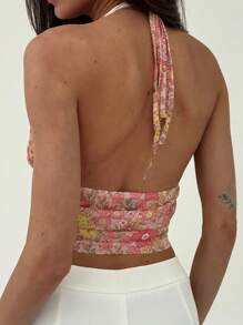 Aloruh 女士节日性感碎花露背吊带上衣 - 粉色 - 查看 2