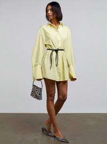 Athîral 女士纯黄色衬衫裙、精致袖口迷你裙、度假女士春装、女士夏装 - 黃色 - 查看 1