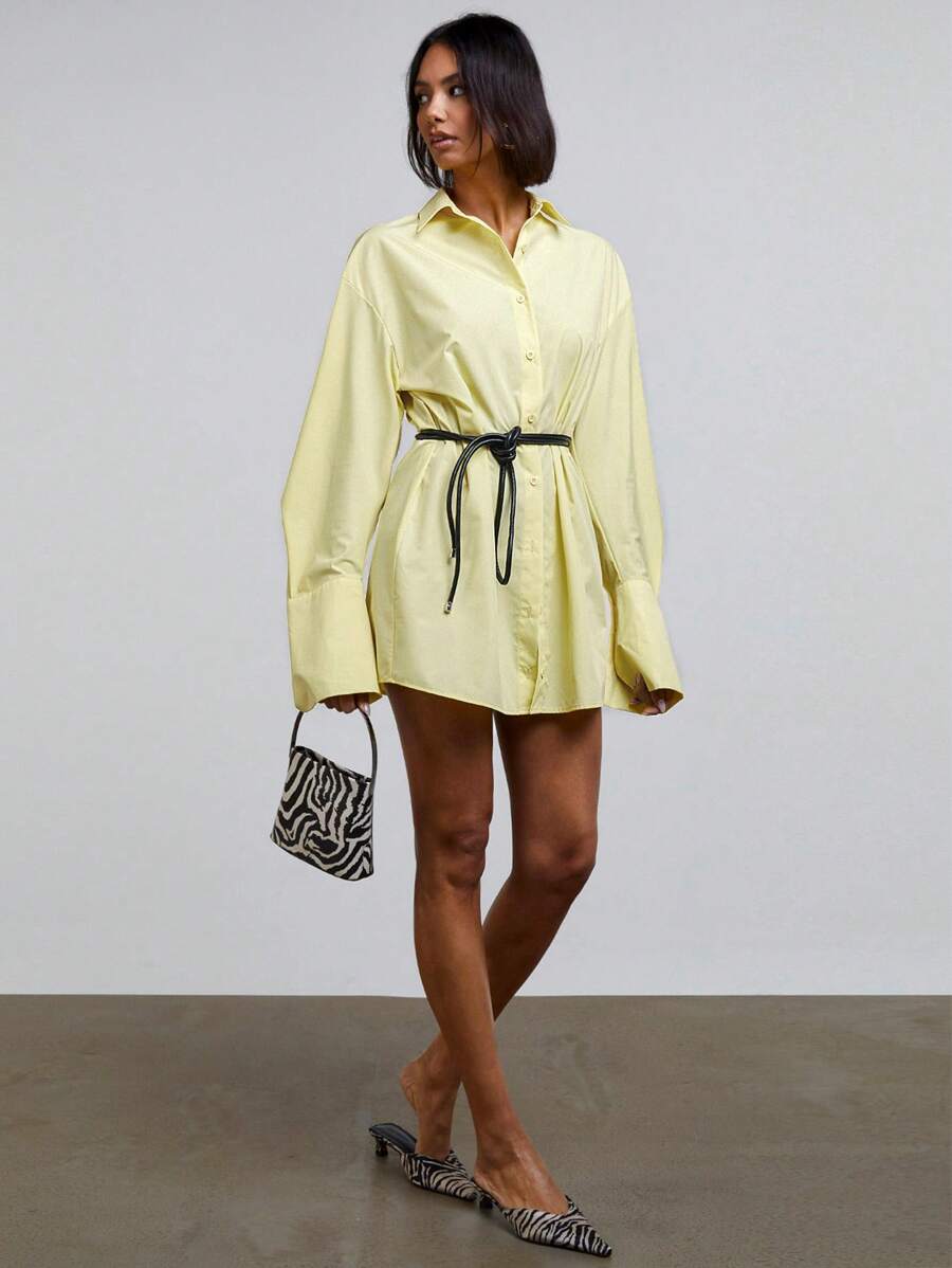 Athîral 女士纯黄色衬衫裙、精致袖口迷你裙、度假女士春装、女士夏装 - 黃色 - 查看 1