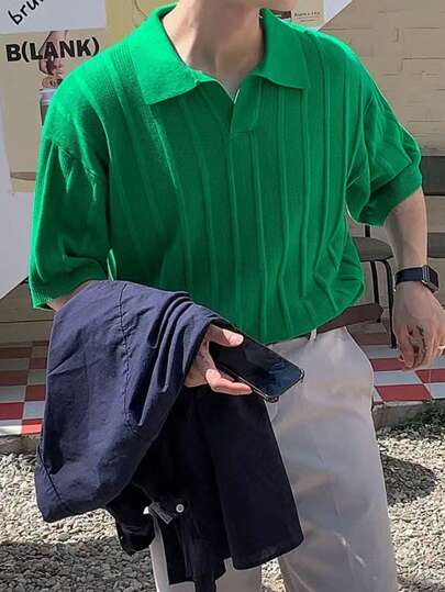 Manfinity CasualKnits Men's Solid Color Polo Collar Short Sleeve Casual Knit Top