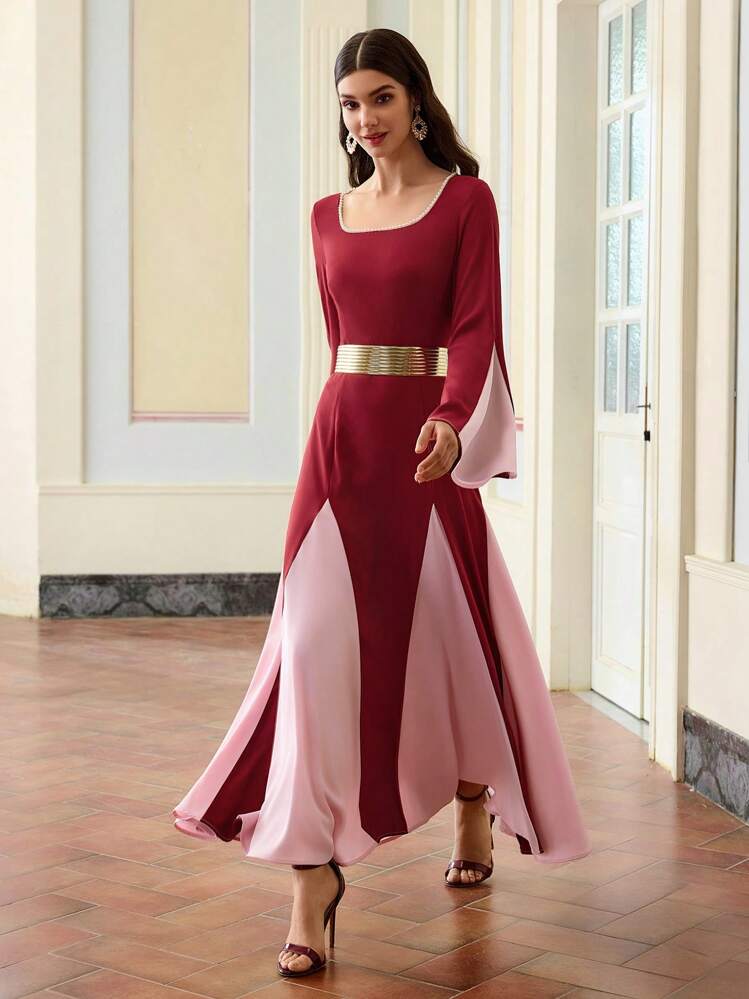 ZEYLAH Women's Faux Pearl Trim Neck Colorblock Flared Sleeve Fit And Flare Maxi Dress - Red - View 3