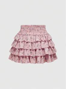ROMWE Kawaii Women's Casual Ditsy Floral Ruffled Hem Skirt - Pink - View 2