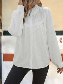 LanaWest Áo sơ mi nữ ngày lễ năm mới ngày lễ tình nhân màu đỏ, hồng, trắng viền ren cổ áo, cổ bèo nhún dài tay, áo dài tay - trắng - Xem 5