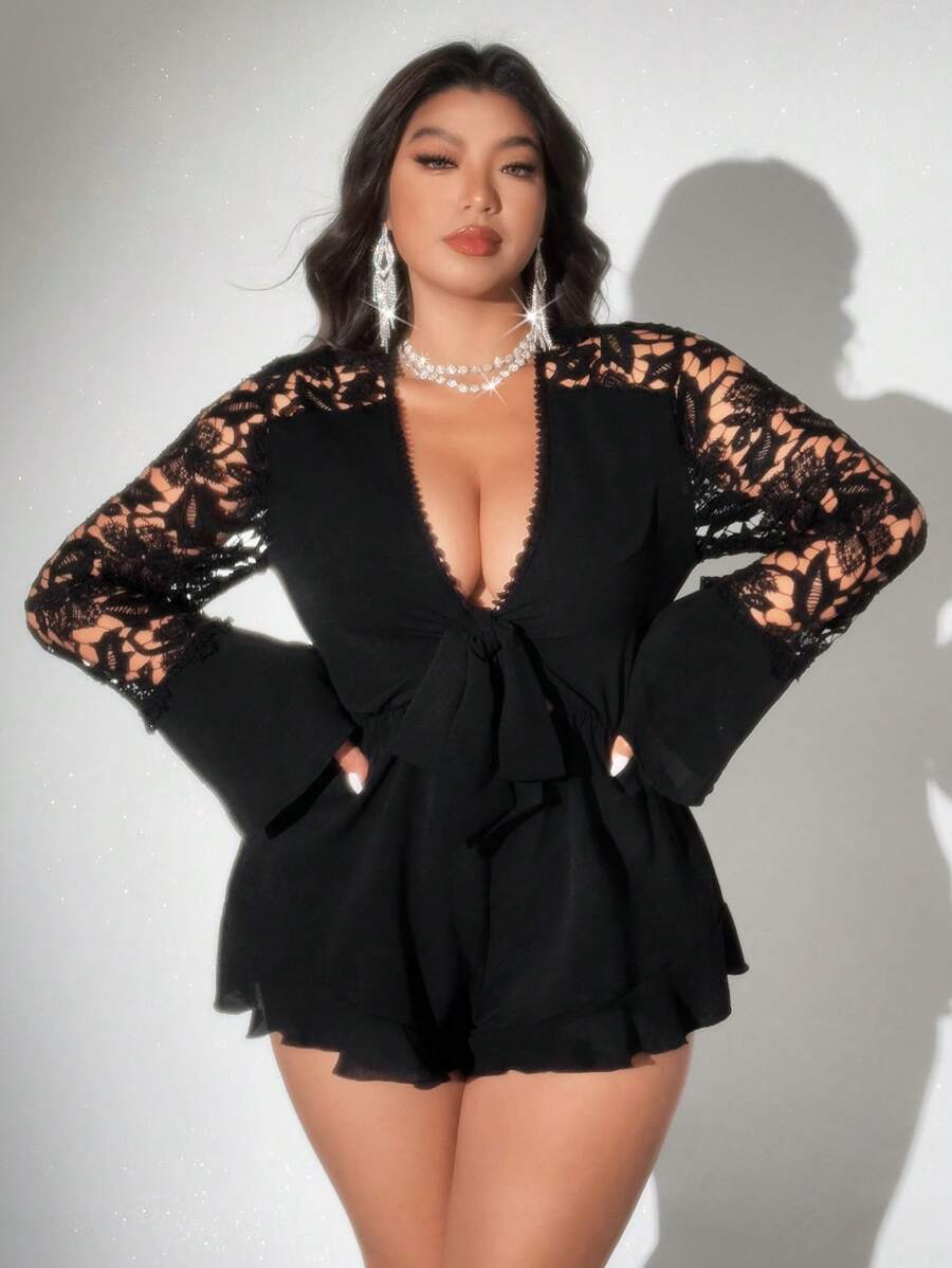 Viva Relle Plus Size damski kontrastowy koronkowy głęboki dekolt w serek z długim rękawem kombinezon