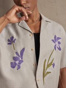 AKNOTIC Business Casual 男士杏色编织花卉刺绣宽松落肩时尚休闲衬衫，适合春夏季、日常穿着、度假、婚礼、情侣装、学校 - 杏色 - 查看 2