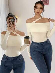 SHEIN Privé New Elegant & Simple Apricot Open Shoulder 3D Floral Decor Waist Loose Long Sleeve Sweater - Apricot - View 1