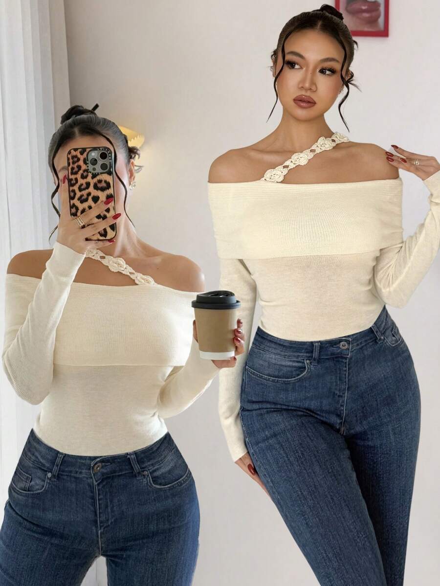 SHEIN Privé New Elegant & Simple Apricot Open Shoulder 3D Floral Decor Waist Loose Long Sleeve Sweater - Apricot - View 1