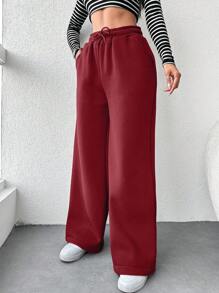 RueChic 女士纯色休闲红色运动裤，简约时尚，适合日常穿着 - 酒紅色 - 查看 4