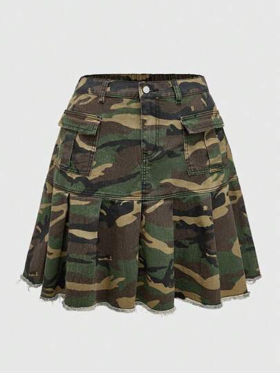 Grunge Punk Plus Size Women's Camouflage Asymmetrical Print Casual Outdoor Concert, Vintage Patchwork Denim Mini Skirt With Pockets For Summer