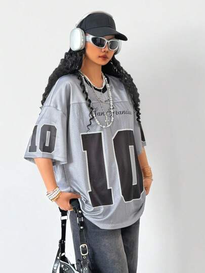 SHEIN Tween Girls Spring/Summer Vintage Relaxed Mesh Contrast Graphic Number Print Sports Jersey T-Shirt Graphic Tees, Oversized T Shirt, Number Shirts Teens Grey Mesh Print Girly Loose T-Shirt, Street Casual Sports Print Digital Graphic T-Shirt