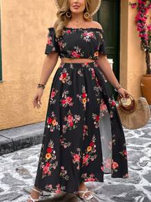 SHEIN VCAY Conjunto 2 en 1 de talla grande, blusa con hombros descubiertos y estampado floral romántico, y falda/pantalón de línea A con abertura frontal, conjunto casual para vacaciones, primavera, verano, playa y brunch para mujer, también ideal para aeropuerto.