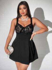 Viva Relle Plus Size Contrast Lace A-Line Dress - Black - View 1