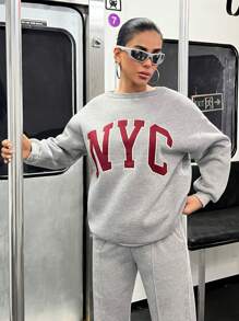 EURMUSE Chic & Cool Oversize Boat Neck Printed Brushed Back Sweatshirts - Grey - View 4