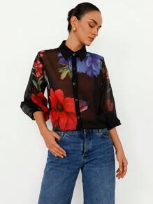 Aveloria Modichic 性感浪漫花卉印花纽扣式 V 领半透明雪纺长袖中长款女士衬衫