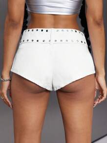 SHEIN ICON Women's Solid Color Simple Fashion Denim Shorts, Casual Everyday Wear - White - View 2